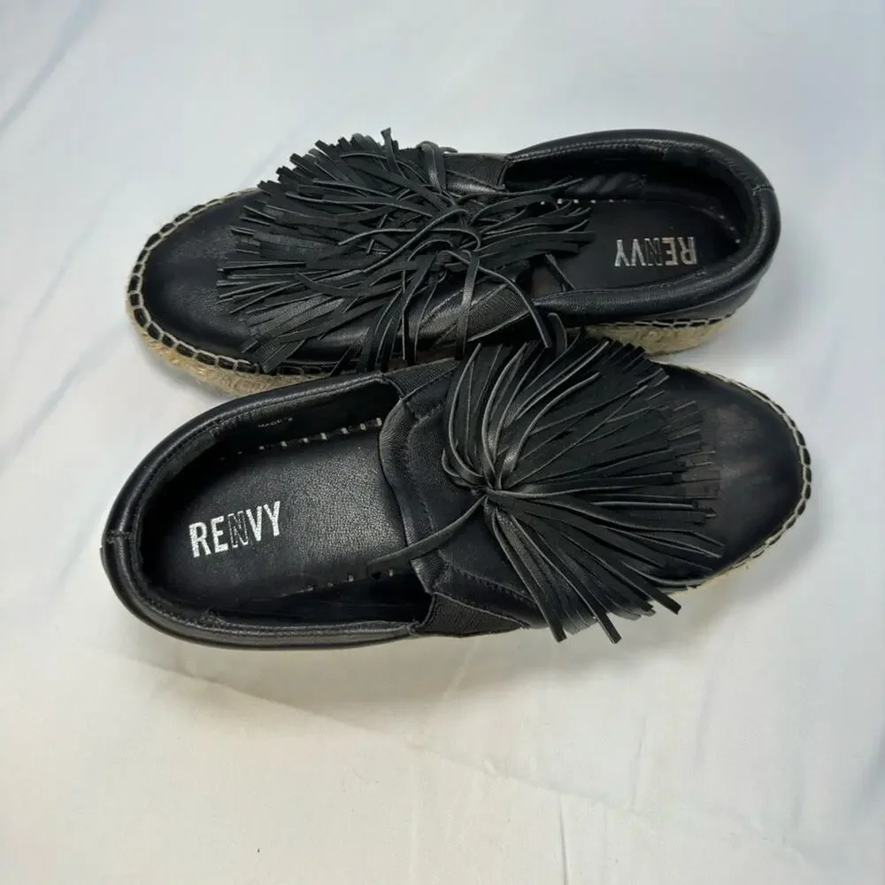 Renvy Espadrille Womens Shoes Size 8 Black Leather Fringe Espadrille Slip On